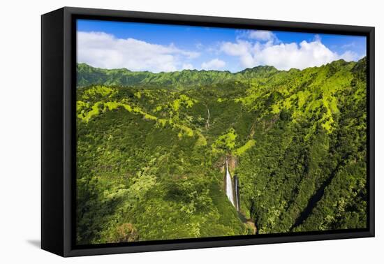 Manawaiopuna Falls (aerial) also known as Jurassic Park Falls, Hanapepe Valley, Kauai, Hawaii, USA.-Russ Bishop-Framed Stretched Canvas