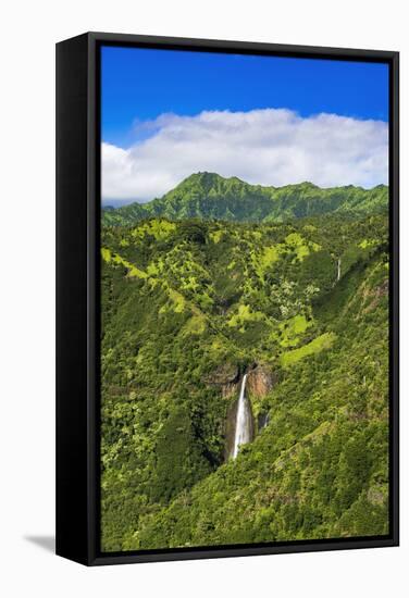 Manawaiopuna Falls (aerial) also known as Jurassic Park Falls, Hanapepe Valley, Kauai, Hawaii, USA.-Russ Bishop-Framed Stretched Canvas