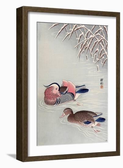 Mandarin Ducks in Snow-Koson Ohara-Framed Giclee Print