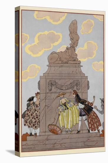 Mandoline People standing around a monument one womam holds a parasol Significant clouds-Georges Barbier-Stretched Canvas