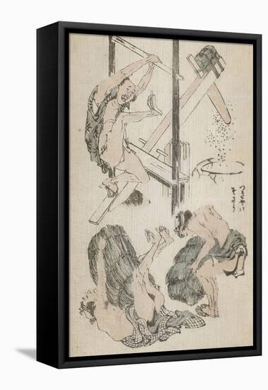 Manga : ouvrier agricole manipulant un pilon mu par son propre poids-Katsushika Hokusai-Framed Stretched Canvas