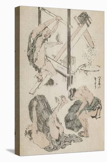 Manga : ouvrier agricole manipulant un pilon mu par son propre poids-Katsushika Hokusai-Stretched Canvas
