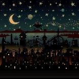 Night Scene Illustration with UFO Flying over the Imaginary City.-mangulica-Art Print