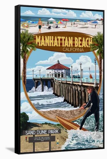 Manhattan Beach, California - Montage Scenes-Lantern Press-Framed Stretched Canvas