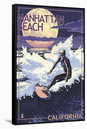 Manhattan Beach, California - Night Surfer-Lantern Press-Framed Stretched Canvas