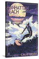 Manhattan Beach, California - Night Surfer-Lantern Press-Stretched Canvas