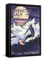 Manhattan Beach, California - Night Surfer-Lantern Press-Framed Stretched Canvas