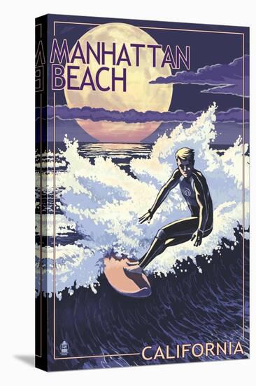 Manhattan Beach, California - Night Surfer-Lantern Press-Stretched Canvas