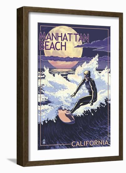 Manhattan Beach, California - Night Surfer-Lantern Press-Framed Art Print