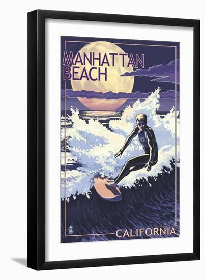 Manhattan Beach, California - Night Surfer-Lantern Press-Framed Art Print