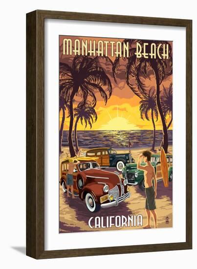 Manhattan Beach, California - Woodies and Sunset-Lantern Press-Framed Art Print