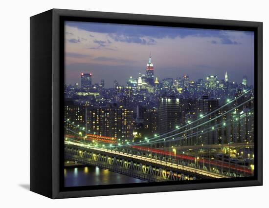 Manhattan Bridge and Skyline at Night-Michel Setboun-Framed Stretched Canvas