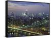 Manhattan Bridge and Skyline at Night-Michel Setboun-Framed Stretched Canvas