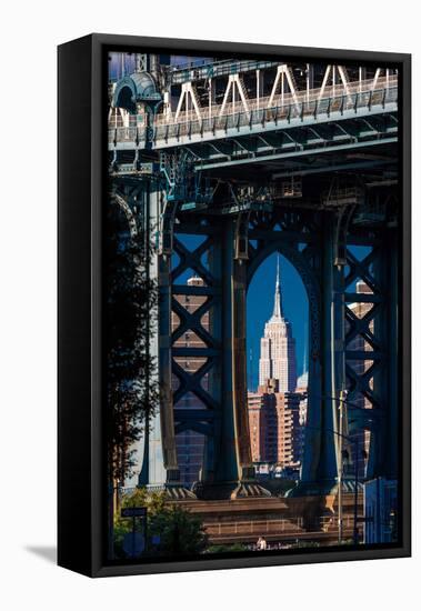 Manhattan Bridge frames Empire State Building, NY NY-null-Framed Stretched Canvas