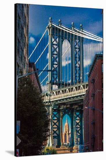 Manhattan Bridge frames Empire State Building, NY NY-null-Stretched Canvas