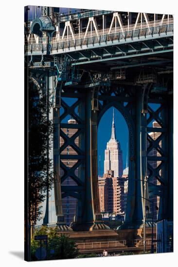 Manhattan Bridge frames Empire State Building, NY NY-null-Stretched Canvas
