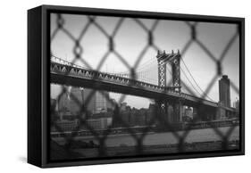 Manhattan Bridge in Black and White Through Chain Fence-null-Framed Stretched Canvas