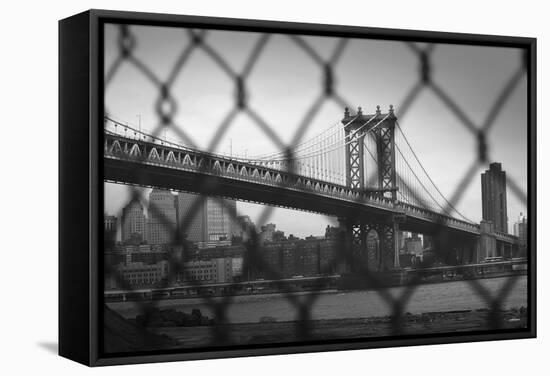 Manhattan Bridge in Black and White Through Chain Fence-null-Framed Stretched Canvas