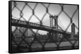 Manhattan Bridge in Black and White Through Chain Fence-null-Framed Stretched Canvas