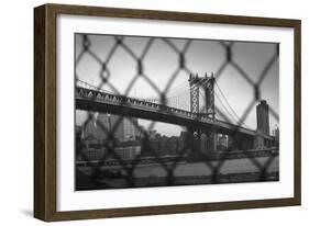 Manhattan Bridge in Black and White Through Chain Fence-null-Framed Photo