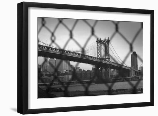 Manhattan Bridge in Black and White Through Chain Fence-null-Framed Photo