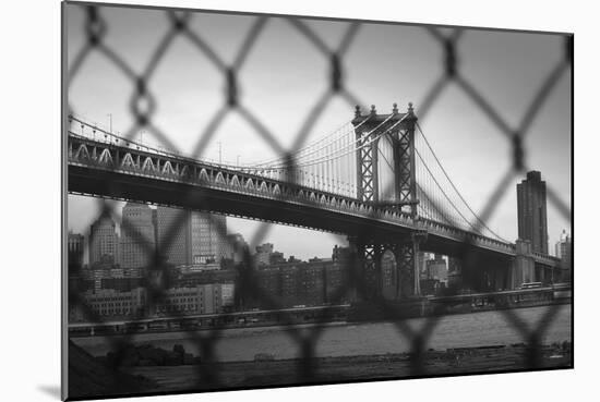 Manhattan Bridge in Black and White Through Chain Fence-null-Mounted Photo