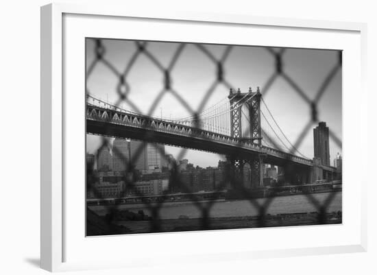 Manhattan Bridge in Black and White Through Chain Fence-null-Framed Photo