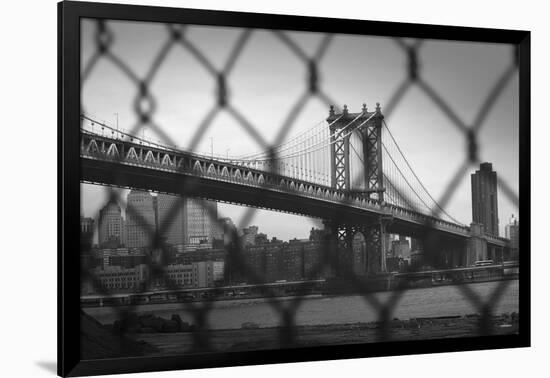 Manhattan Bridge in Black and White Through Chain Fence-null-Framed Photo