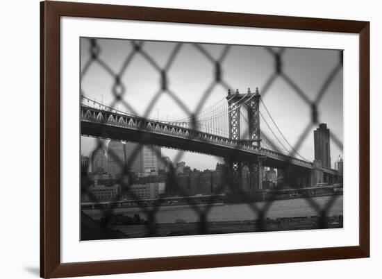 Manhattan Bridge in Black and White Through Chain Fence-null-Framed Photo