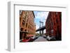 Manhattan Bridge Seen from a Red Brick Buildings in Brooklyn Street in Perspective, New York, Usa.-Youproduction-Framed Photographic Print