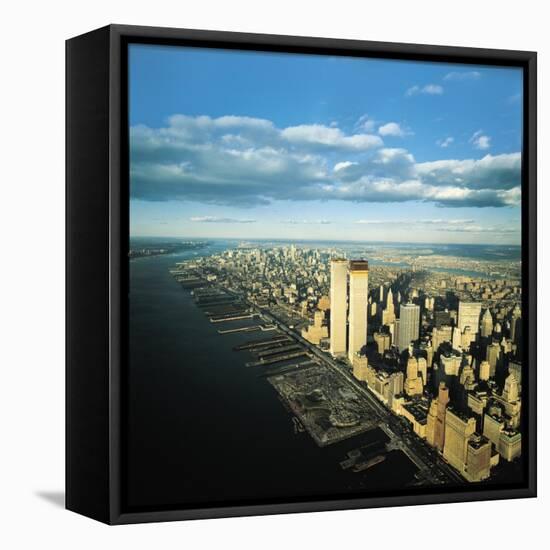 Manhattan from Lower West Side, New World Trade Center's Twin Towers Dominating Landscape-Henry Groskinsky-Framed Stretched Canvas