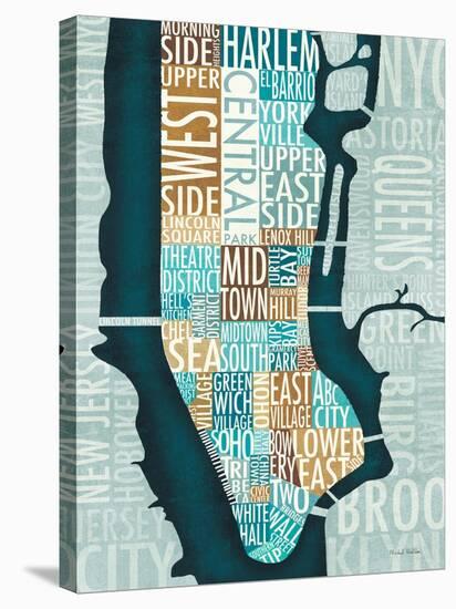 Manhattan Map Blue Brown-Michael Mullan-Stretched Canvas