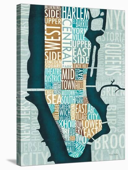 Manhattan Map Blue Brown-Michael Mullan-Stretched Canvas