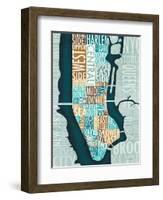 Manhattan Map Blue Brown-Michael Mullan-Framed Art Print