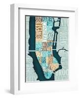 Manhattan Map Blue Brown-Michael Mullan-Framed Art Print