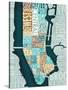 Manhattan Map Blue Brown-Mullan Michael-Stretched Canvas