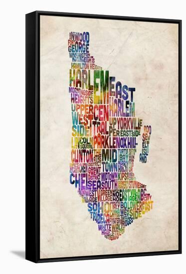 Manhattan New York Text Map-Michael Tompsett-Framed Stretched Canvas