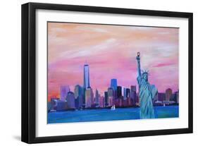 Manhattan Skyline with Downtown and Lady Liberty-Markus Bleichner-Framed Art Print