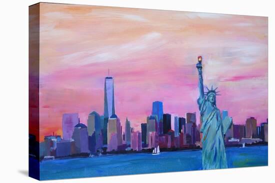 Manhattan Skyline with Downtown and Lady Liberty-Markus Bleichner-Stretched Canvas