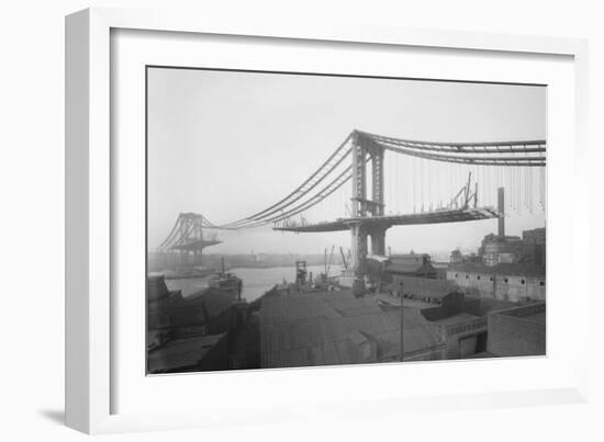 Manhattan Suspension Bridge under Construction as Viewed from Brooklyn-null-Framed Art Print