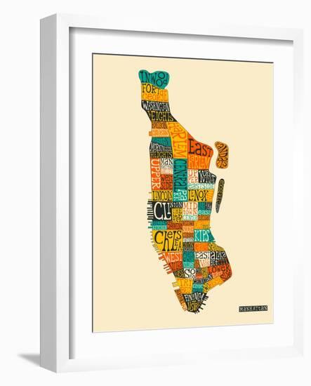 Manhattan Typographic Map-Jazzberry Blue-Framed Art Print