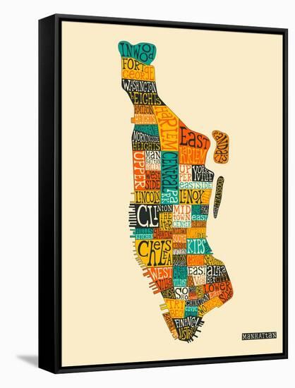 Manhattan Typographic Map-Jazzberry Blue-Framed Stretched Canvas