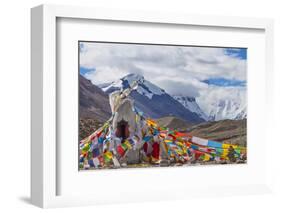 Mani pile and prayer flags in Rongbuk Valley, Lhotse peak, Mt. Everest, Shigatse Prefecture, Tibet-Keren Su-Framed Photographic Print