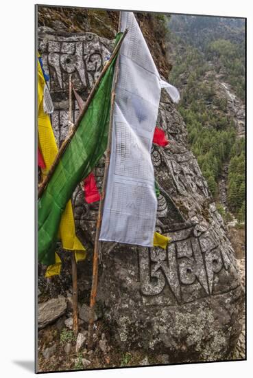 Mani Stone and prayer flags along a trail, Nepal.-Lee Klopfer-Mounted Photographic Print