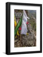 Mani Stone and prayer flags along a trail, Nepal.-Lee Klopfer-Framed Photographic Print