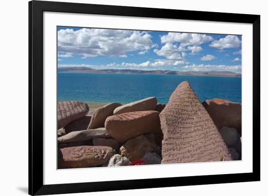 Mani Stone With Mantra, At Namtso Lake, Holy Mountain, Qinghai-Tibet Plateau, Tibet, China, Asia-Dong Lei-Framed Photographic Print