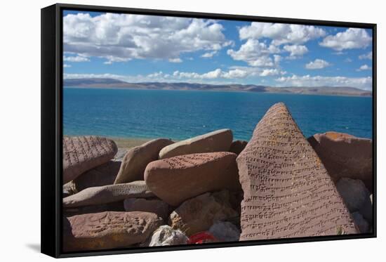 Mani Stone With Mantra, At Namtso Lake, Holy Mountain, Qinghai-Tibet Plateau, Tibet, China, Asia-Dong Lei-Framed Stretched Canvas