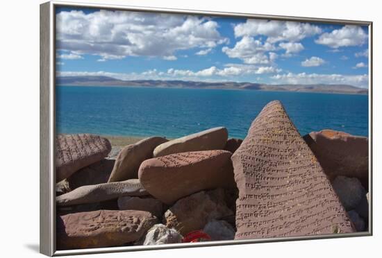 Mani Stone With Mantra, At Namtso Lake, Holy Mountain, Qinghai-Tibet Plateau, Tibet, China, Asia-Dong Lei-Framed Photographic Print