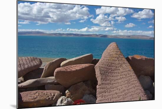 Mani Stone With Mantra, At Namtso Lake, Holy Mountain, Qinghai-Tibet Plateau, Tibet, China, Asia-Dong Lei-Mounted Photographic Print