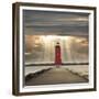 Manistique Lighthouse and Sunbeams, Manistique, Michigan '14-Monte Nagler-Framed Premium Photographic Print